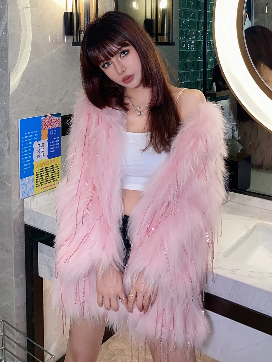 RosEvans Women Ins Real Raccoon Fur Knitted Fur Jacket Coat Mid-Length 2020 Winter New Tassel Crystal Young Girl Korean