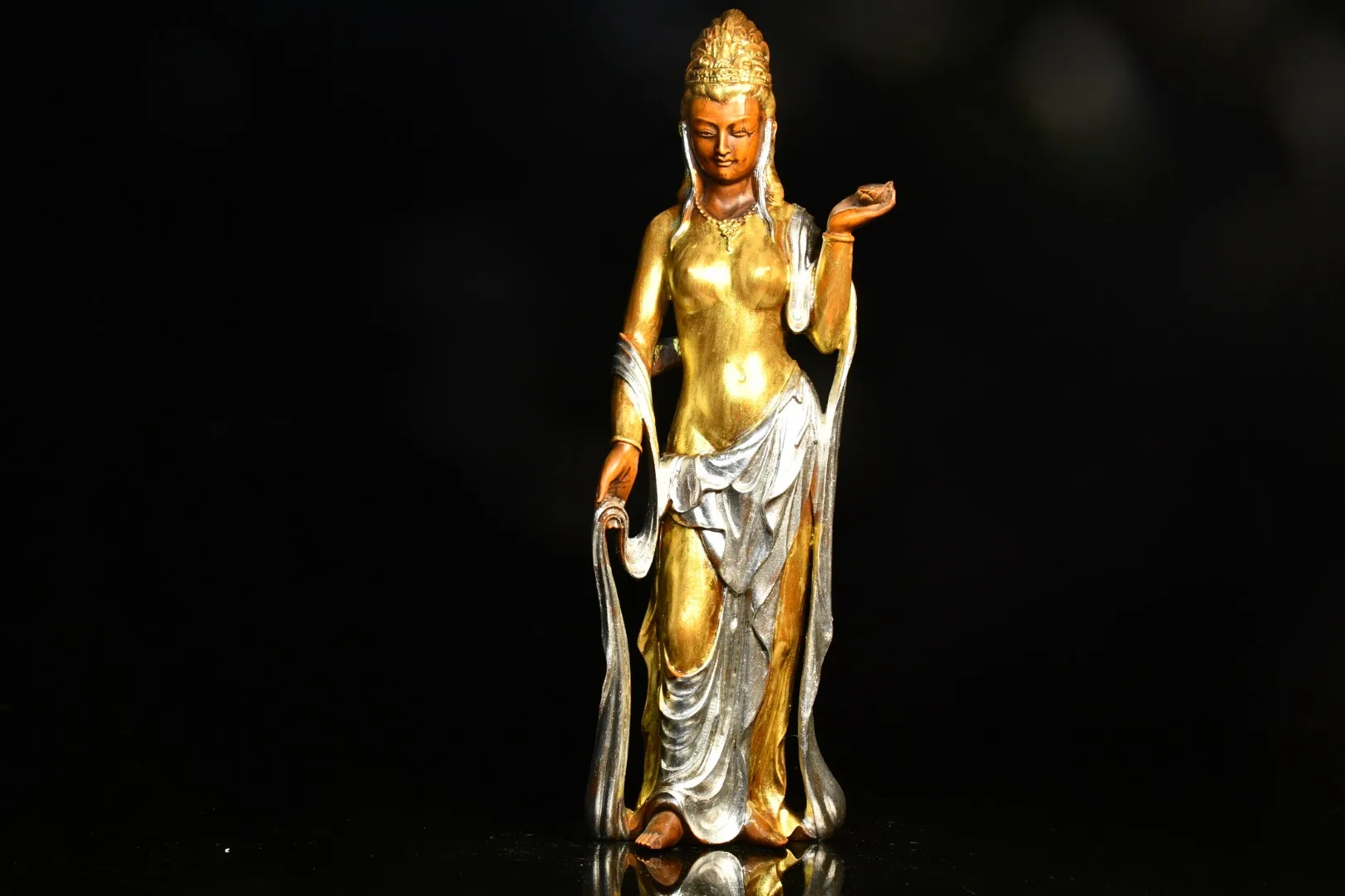 

9"China Folk Collection Old Boxwood Gilt Auspicious Tianmu Free Goddess of Mercy Standing Buddha Ornaments Town House Exorcism