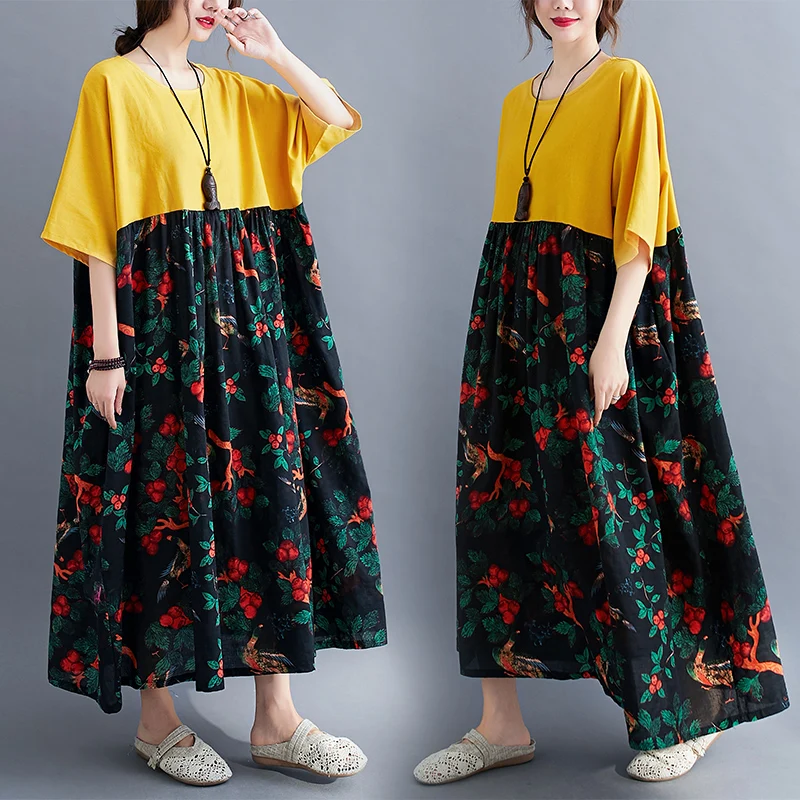 

ARCSINX Summer Dresses Women Oversize 4XL 5XL 6XL Boho Dress Women Big Size 7XL 8XL Cotton Yellow Print Floral Sundresses Woman