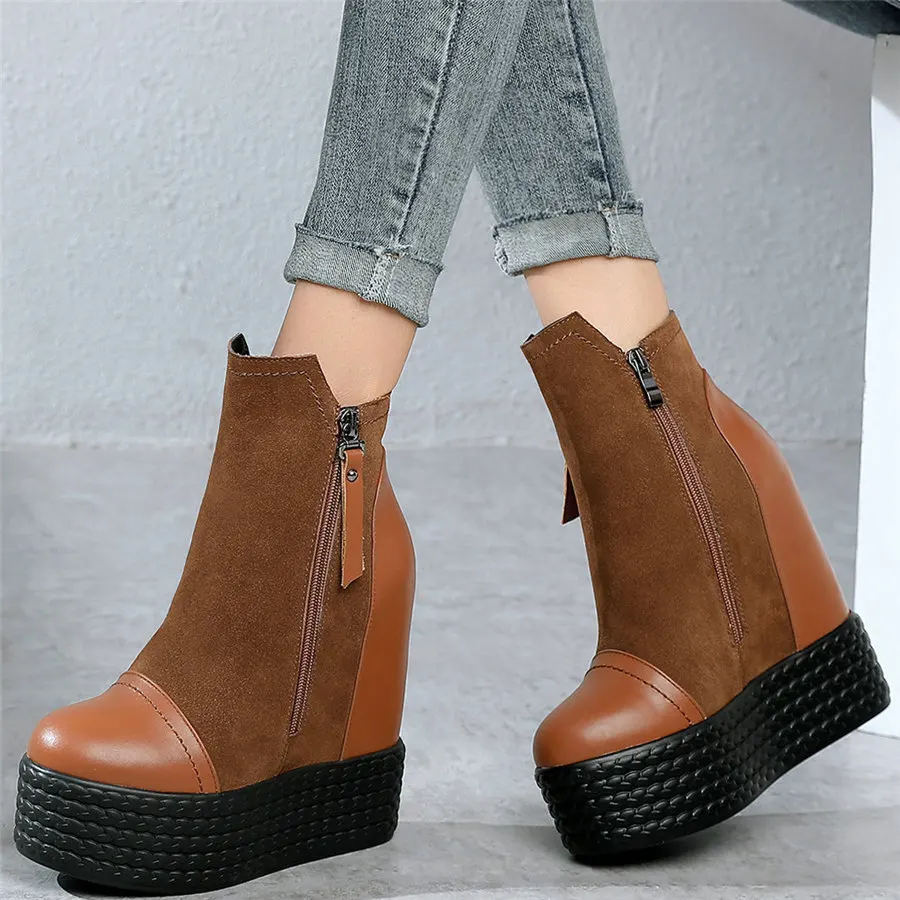 

Round Toe Platform Oxfords Shoes Women Genuine Leather Wedges High Heel Ankle Boots Female Chunky Platform Pumps Casual Shoes