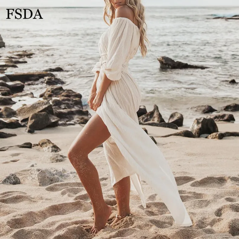 FSDA белое платье с открытыми плечами летнее пляжное повседневное женское
