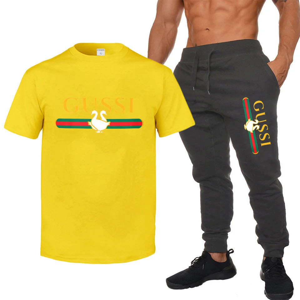 

Popular men's T-shirt fashion round neck cotton casual sports shirt + jogging pants two-piece suit