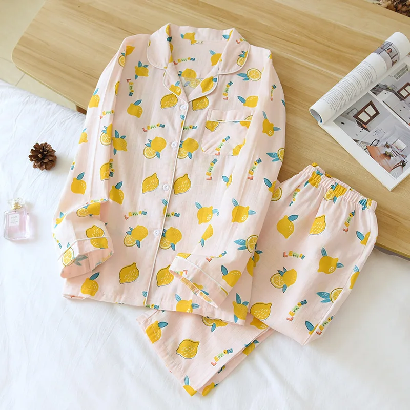 

Two Piece Set Ladies Pajamas Set 100% Cotton Cartoon Printed Pyjamas Women Turn-down Neck Shirt+Pants Comfort Nature Sleepwear