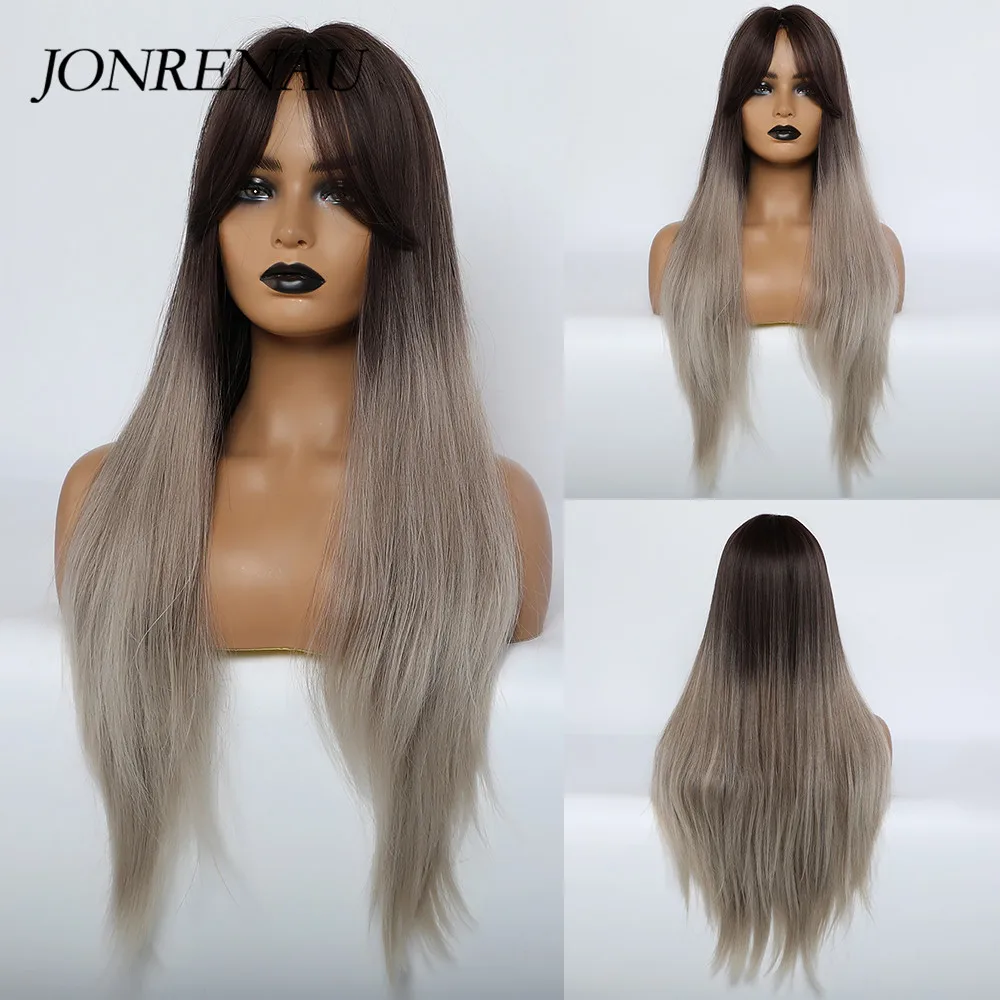 Jonrenau Synthetic Natural Wave Wigs with Side Bangs Black Root Light Brown for Women Daily Party | Шиньоны и парики