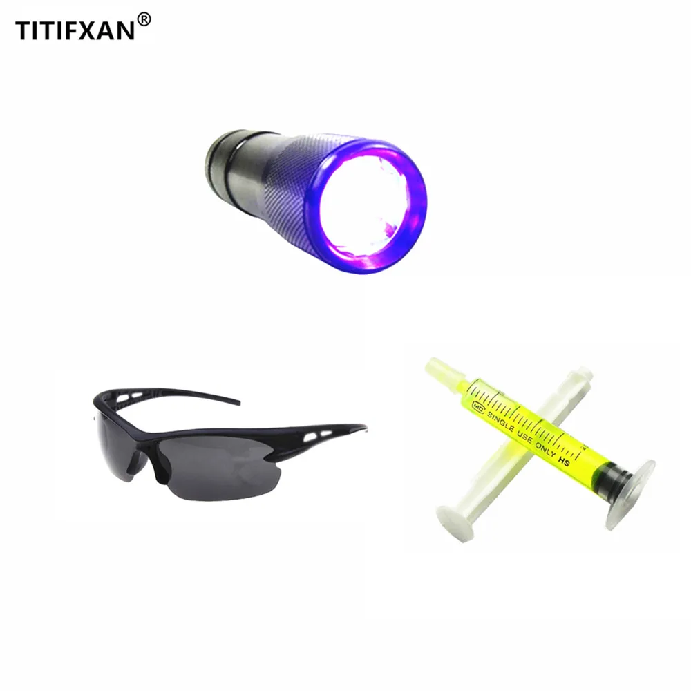 1PCS UV Flashlight,1PCS R134a R12 Car Fluorescent Oil,1PCS Leak Glasses Automotive Air Conditioning Repair Tool