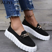 large sized flats women 2021 autumn new shallow ladies breathble comfy slip on loafers with chain home outdoor casual shoes