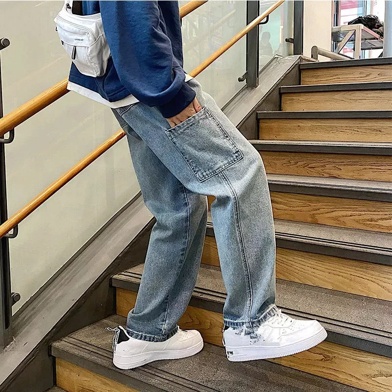 

Man Straight Summer Casual Jeans Mans 2021 Korean Collage Hip Hop Jeans Woman Couple Loose Denim Pants Clothing