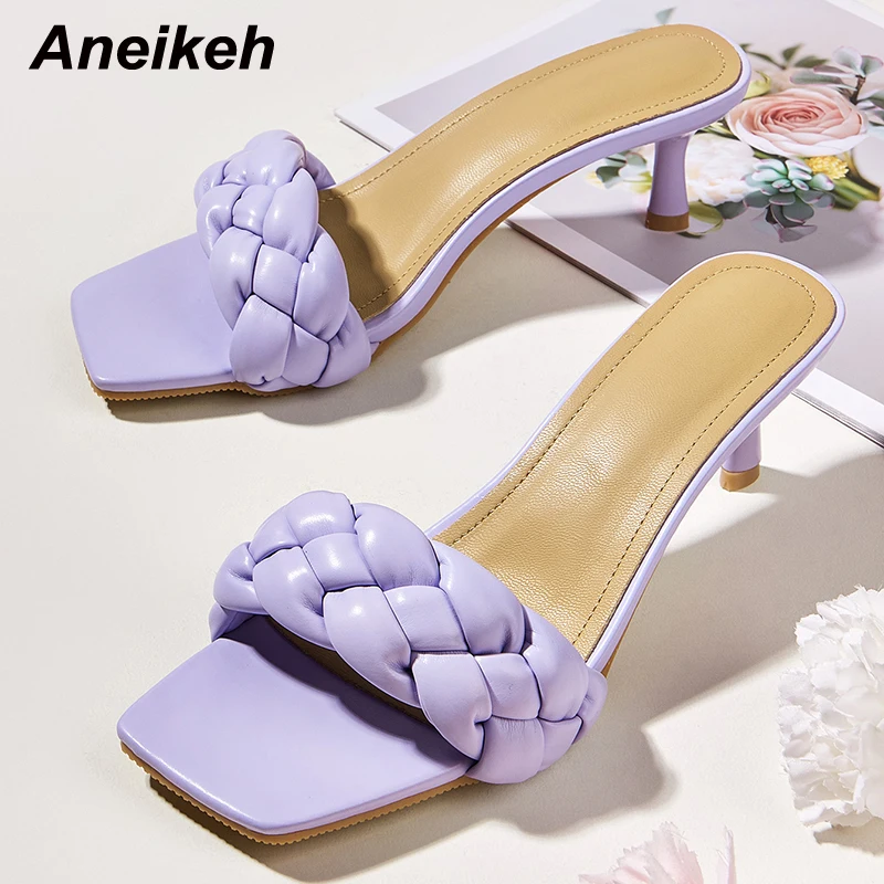 

Aneikeh Shoes Summer Fashion PU Shallow Braided Tape Ladies Slippers 2022 New Sandals Sexy Thin Heels Head Peep Toe Size35-41