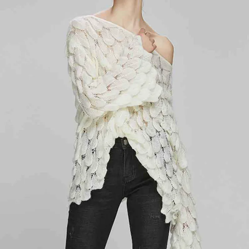 

Leiouna Long Sleeve Casual Thin Solid Feather Knit Sweater Women Loose Pullover Sweater Spring Autumn Perspective Women's Top