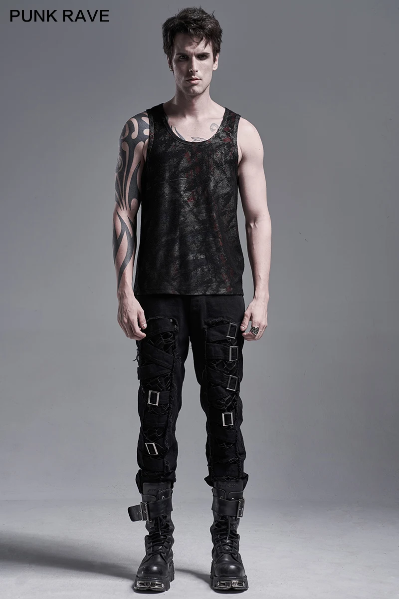 Koop Punk Rave Mannen Punk Slim Fit Decadente Broek Knappe Flarden Katoen Gothic Dagelijks Twill Geweven Casual Potlood Broek Streetwear