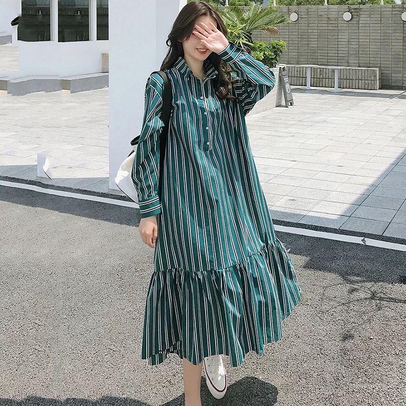 DEAT/зеленое платье в Вертикальную Полоску с отворотами и длинными рукавами