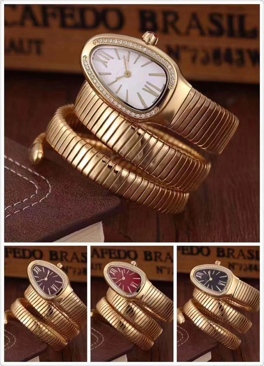 

Classic New Women Snake Bangle Yellow Gold Long Bracelet Diamond Bezel Rome Japanese Quartz Stainless Steel Sapphire Watch