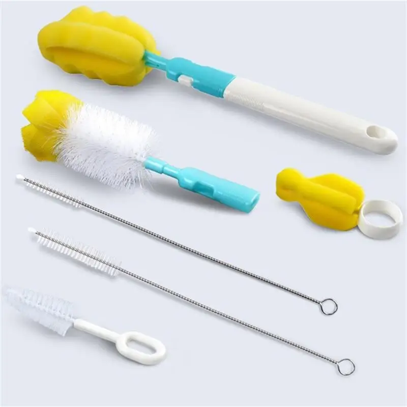 

6Pcs Baby Milk Feeding Bottle Brush Handly Portable Nylon and 360 Degree Sponge Tube Cleaner
