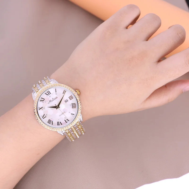 Auto Date Men's Watch Women's Watch Japan Mov Fashion Rhinestone Shell Luxury Crystal Lovers' Watch Birthday Gift Melissa Box