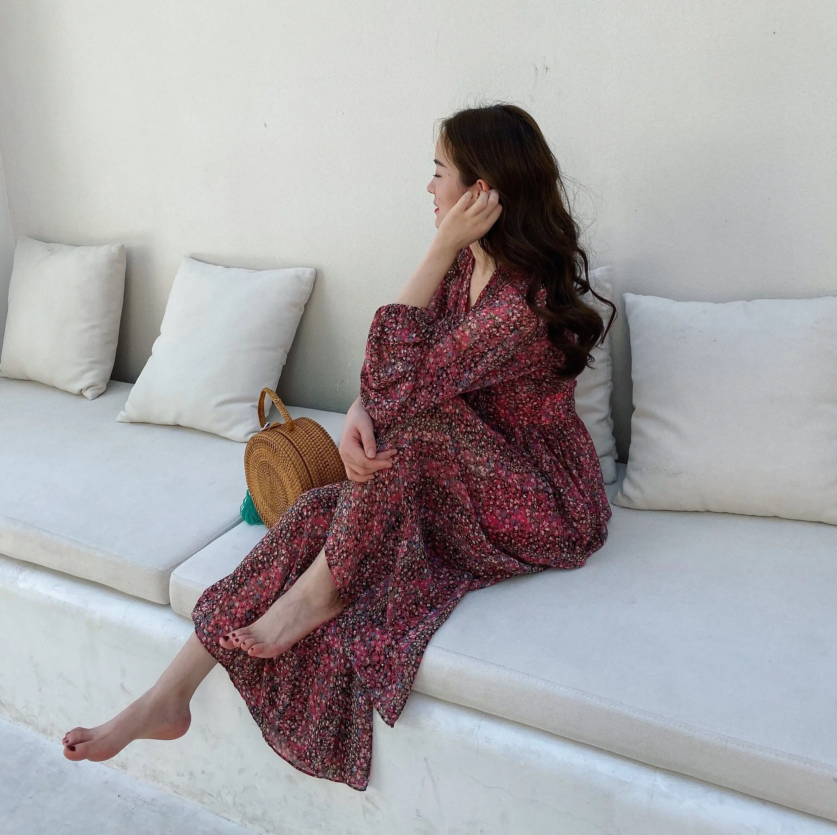 Женское шифоновое платье GLAUKE винтажное осеннее с длинным рукавом и цветочным