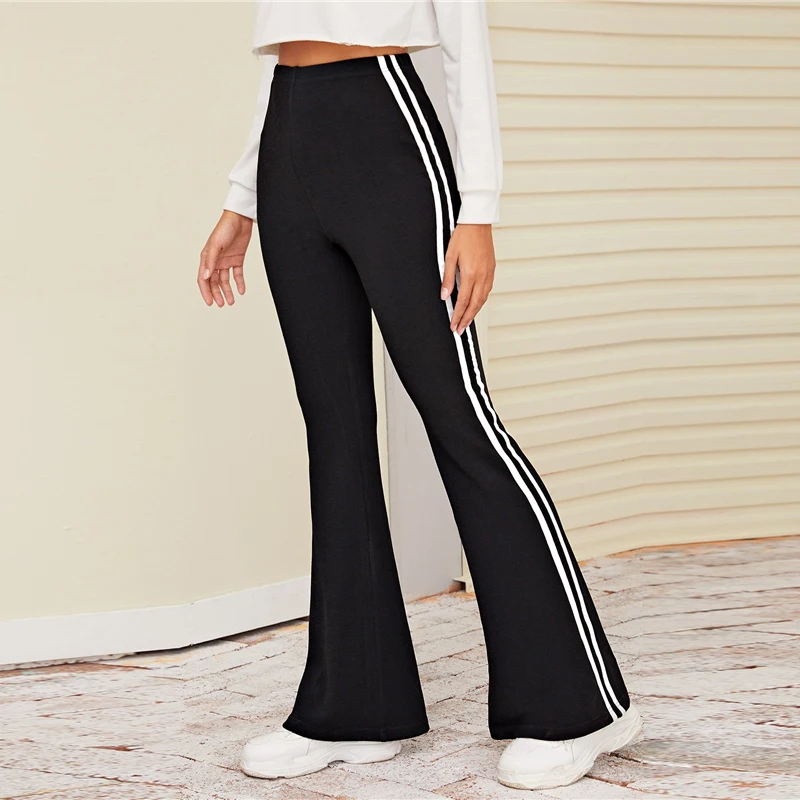 SHEIN, черные полосатые эластичные штаны с боками, женские штаны, осень, одежда для активного отдыха, высокая талия, Женские повседневные длинные брюки