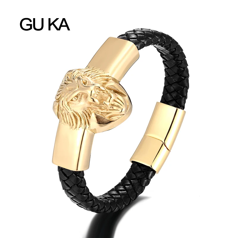 Gold Lion Head Men Bracelet Stainless Steel Leather Wristband Punk Luxury Magnetic Clasp Charm Bracelets Male For Friends Gift