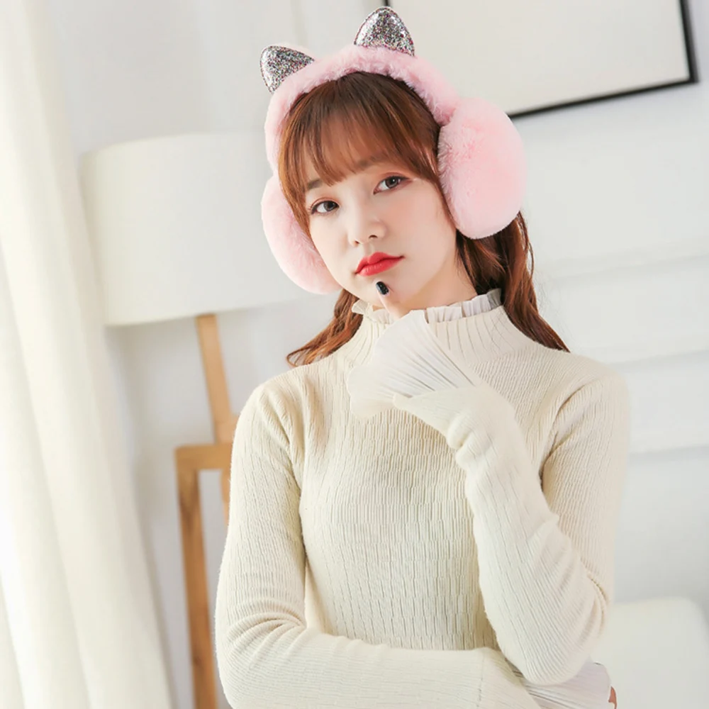 Модные женские меховые зимние наушники для девочек теплые с кошачьими ушками