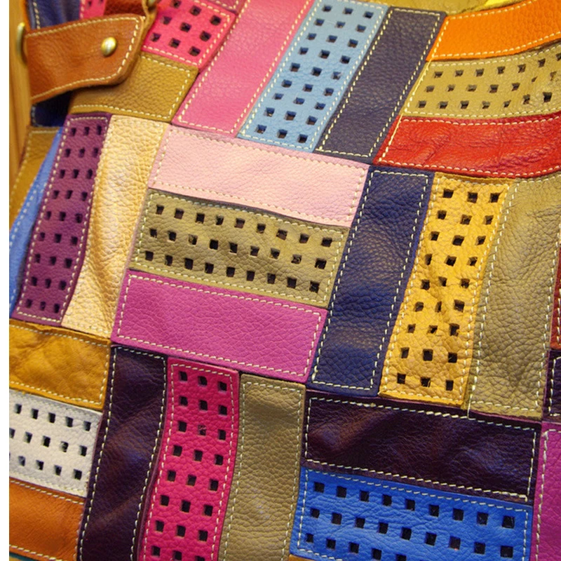 

Fashion Tote Splice hollow out stripe 100% Genuine Leather Patchwork Handbags Women Messenger Bag Colorful bags
