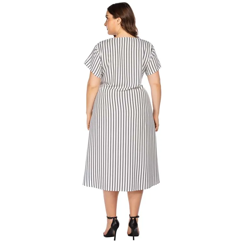 

New Fashion Pius Size Summer Short Sleeve Dresses for Women Hemp Stripe Casual Elegant Women's A-line Calf V-neck Dress