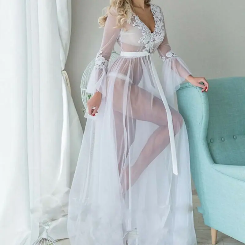 

Сексуальное Белое кружевное нижнее белье, платье, женская прозрачная ночная рубашка, кружевное нижнее белье, пижама, кимоно, одежда для сна, длинное платье, женское платье