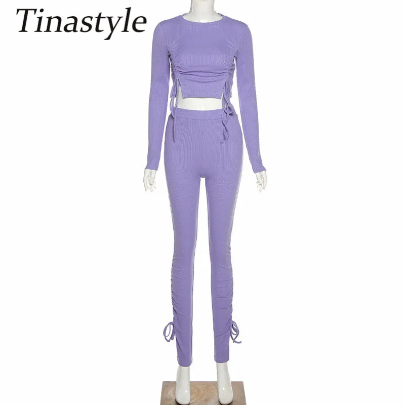 

Tinastyle Ribbed Knitted Two Piece Set Women Lace Up Bandage Crop Top And High Waist Leggings Streetwear Fashion 2 Piece Outfits