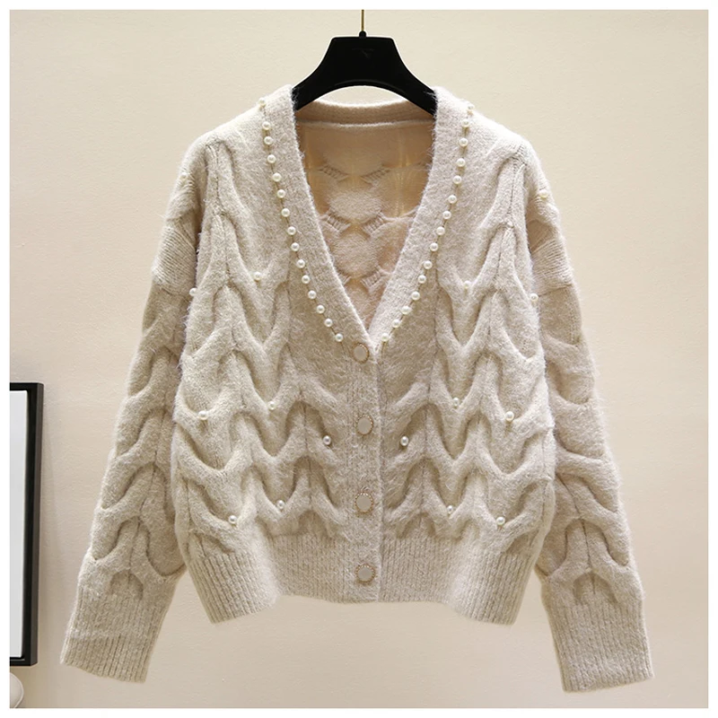 Кардиган женский трикотажный с жемчугом однобортный свободный V-образным