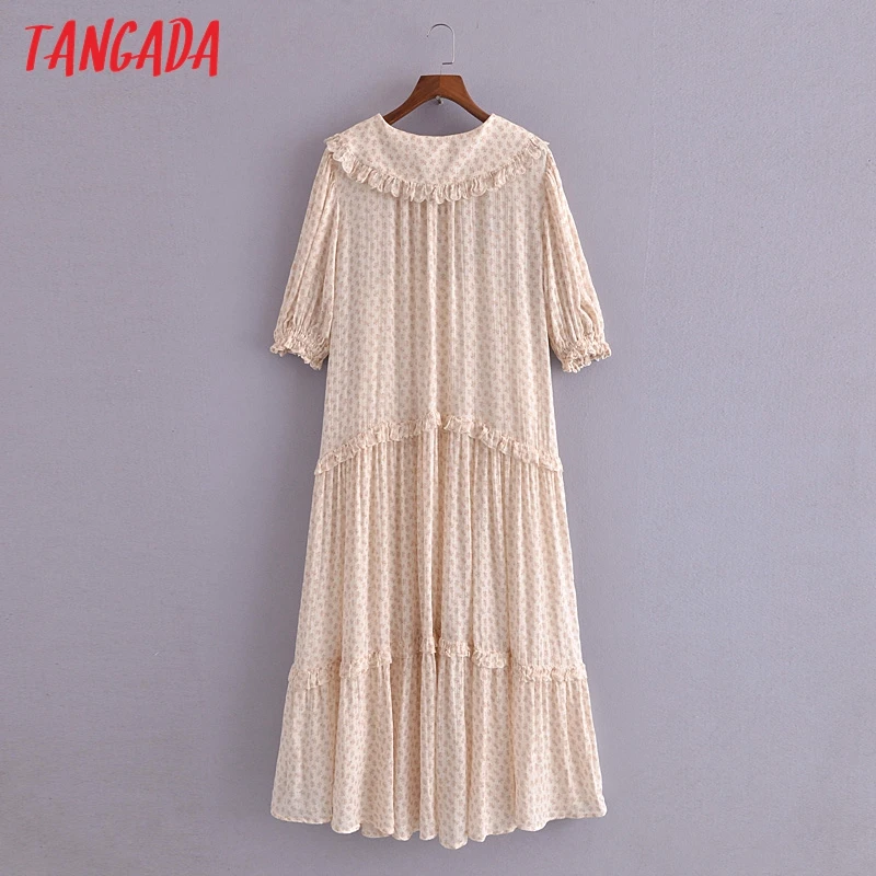 

Tangada 2021 Fashion Women Flowers Print Oversized Collar Long Dress Bow Vintage Ladies Maxi Dress 3H274