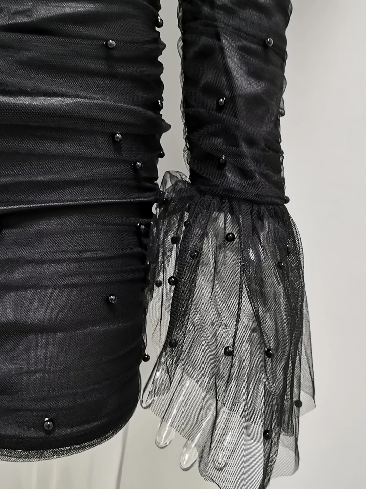 JillPeri для женщин Slash шеи одно плечо Ruched Мини платье Мода Жемчуг сетки с пышными рукавами наряд знаменитости короткое розовое вечернее платье