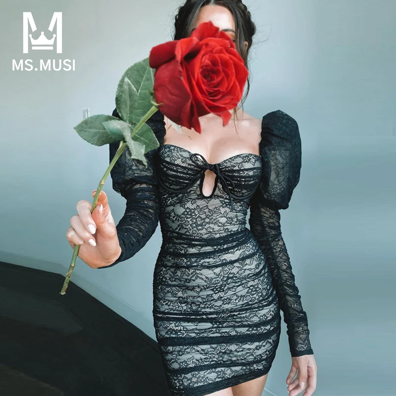 

Новинка 2022, модное осеннее женское платье MSMUSI с квадратным вырезом, кружевом, пышными длинными рукавами, Сетчатое облегающее мини-платье, сексуальное летнее женское платье для клувечерние