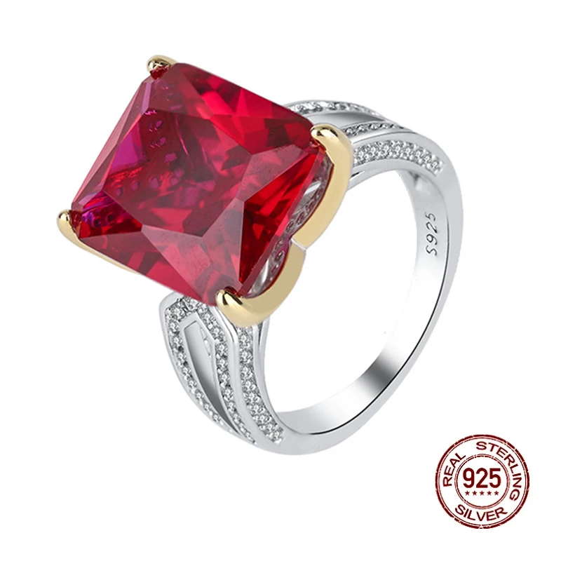 

Noble Real 925 Sterling Silver Big Ruby Ring Sparkling Rectangle Emerald Finger Rings Fine Jewelry Ornament Accessories 12*14