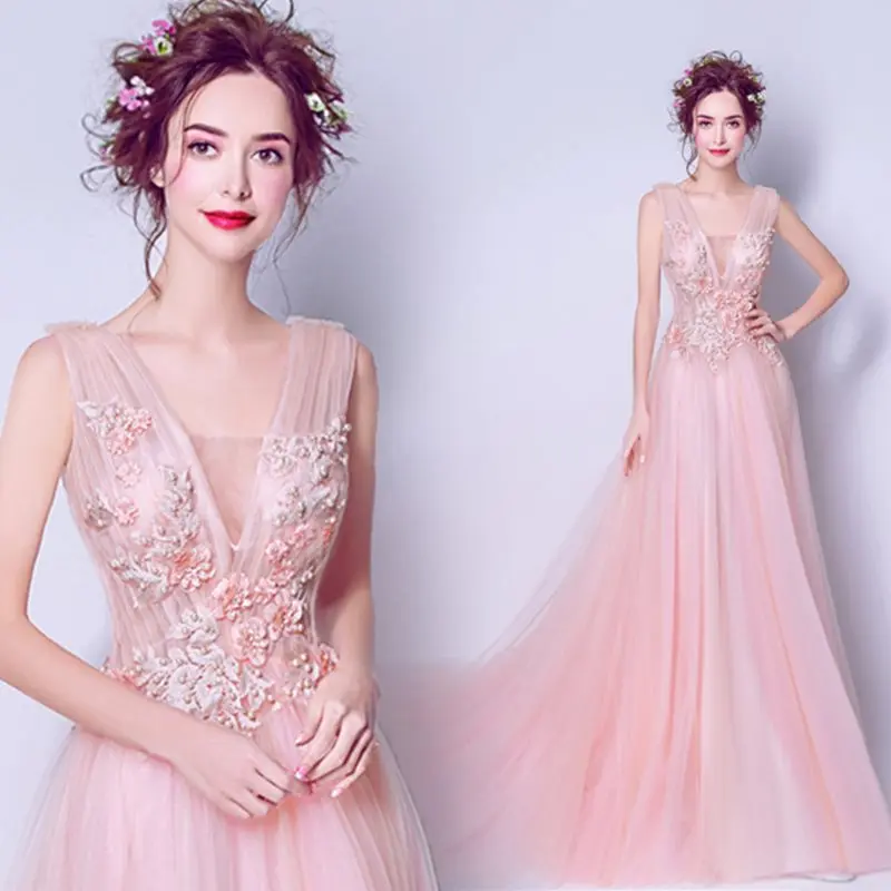 

Fashion Sweet Pink Beading Applique Evening Dress V Neck Sleeveless With Train Party Prom Gown Women Host Dress