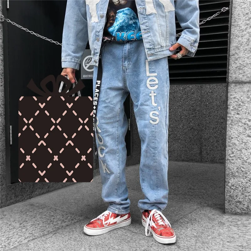 2021 New Arrival Letter Print Punk Rock Men Hip Hop Jeans Pants Washed Blue Casual Cotton Denim Trousers For Teens Ropa Hombre