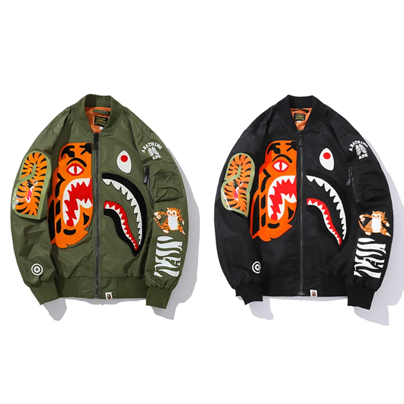 

BAPE Winter Shark Head Tiger Head Embroidery Co Branded Jacket Zipper Man Woman Harajuku Hip Hop Loose Coat Outer Wear Overcoat