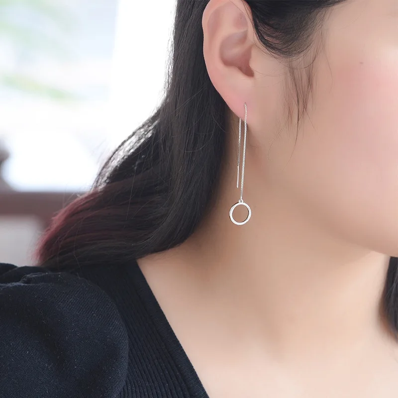 925 Sterling Silver Long Chain Earrings Simple Round Circle Tassel | Украшения и аксессуары