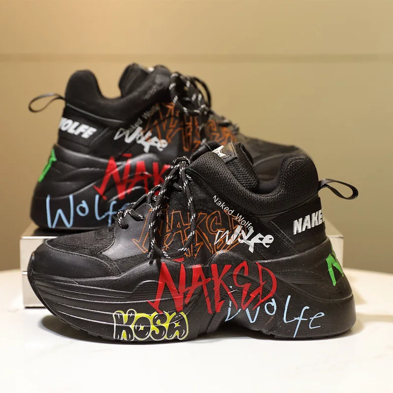 Brand luxury shoes graffiti casual women's sports shoes spring and autumn new muffin bottom comfortable breathable women's shoes - Цвет: Черный