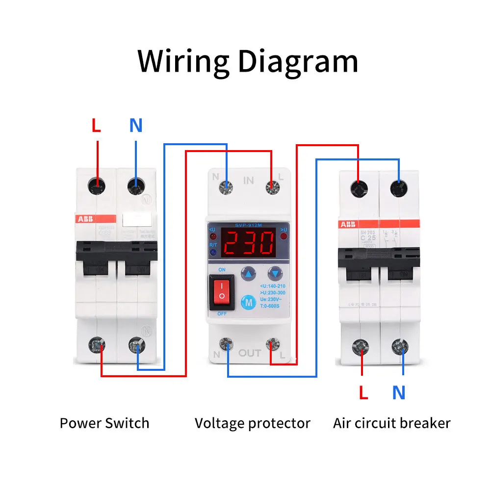 

40A 230V Din Rail Adjust Reconnect Over and Under Voltage Protector Relay Protective Overvoltage Protection ON/OFF Rocker Switch