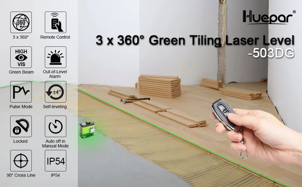 Самонивелирующийся лазерный 3D уровень Huepar 503DG 3x360 зеленый луч пересечение линий