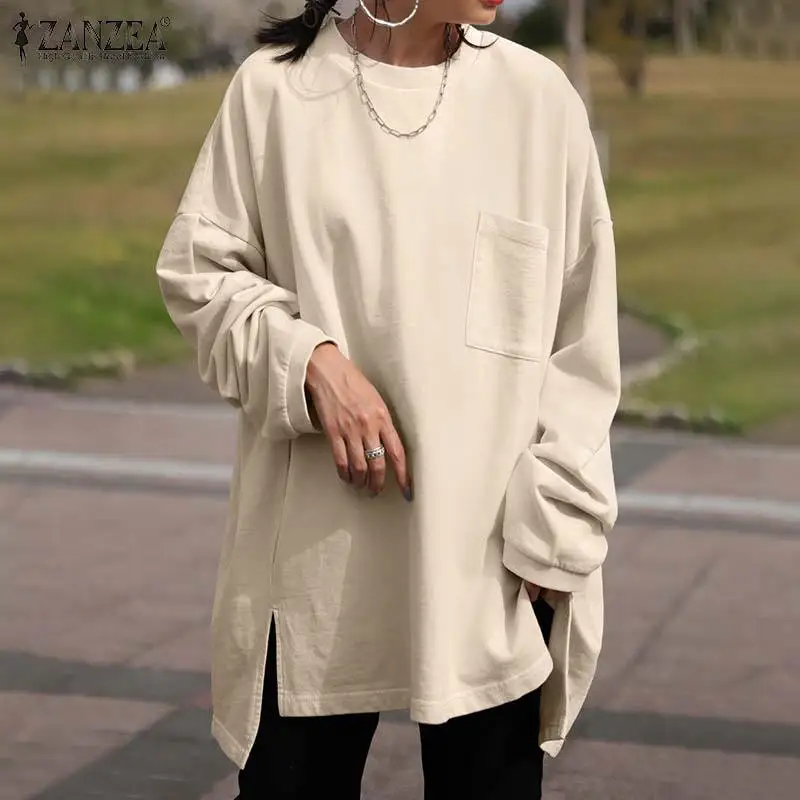 

Женская рабочая рубашка ZANZEA с карманами, блузка с круглым вырезом, винтажные Топы с длинным рукавом, женские Стильные свитшоты, Осенний Повс...