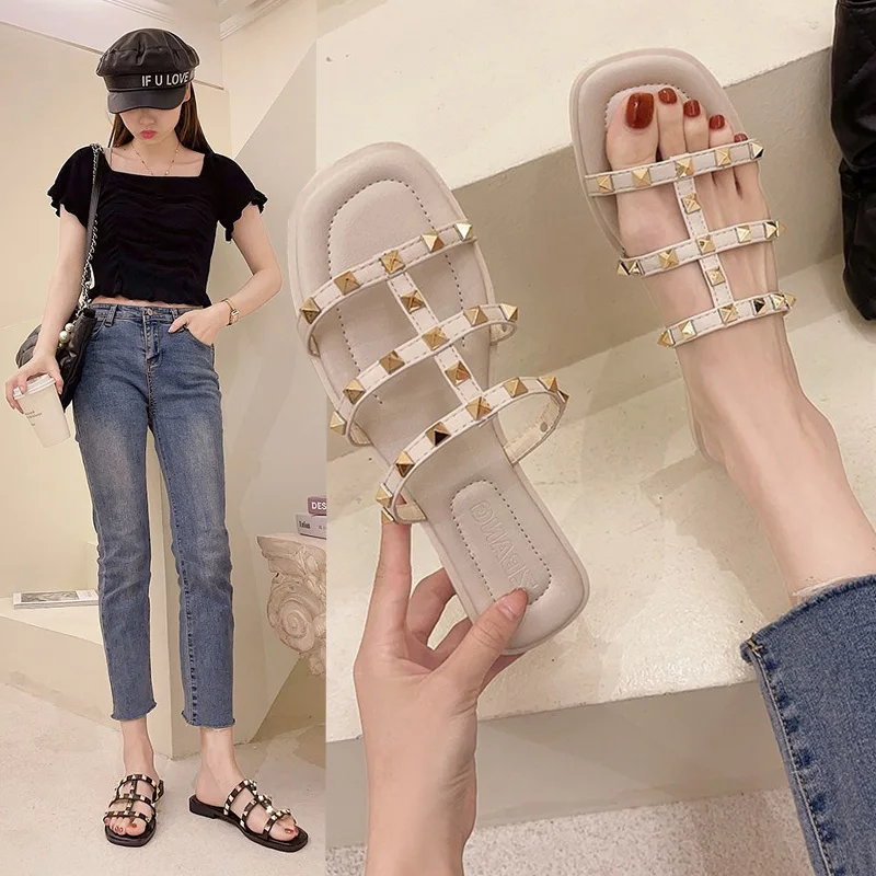 

Slippers Casual Shoes Woman 2021 Pantofle Low Rivet Med Luxury New Soft Flat Summer Basic Slides Leisure PU Rubber Fashion