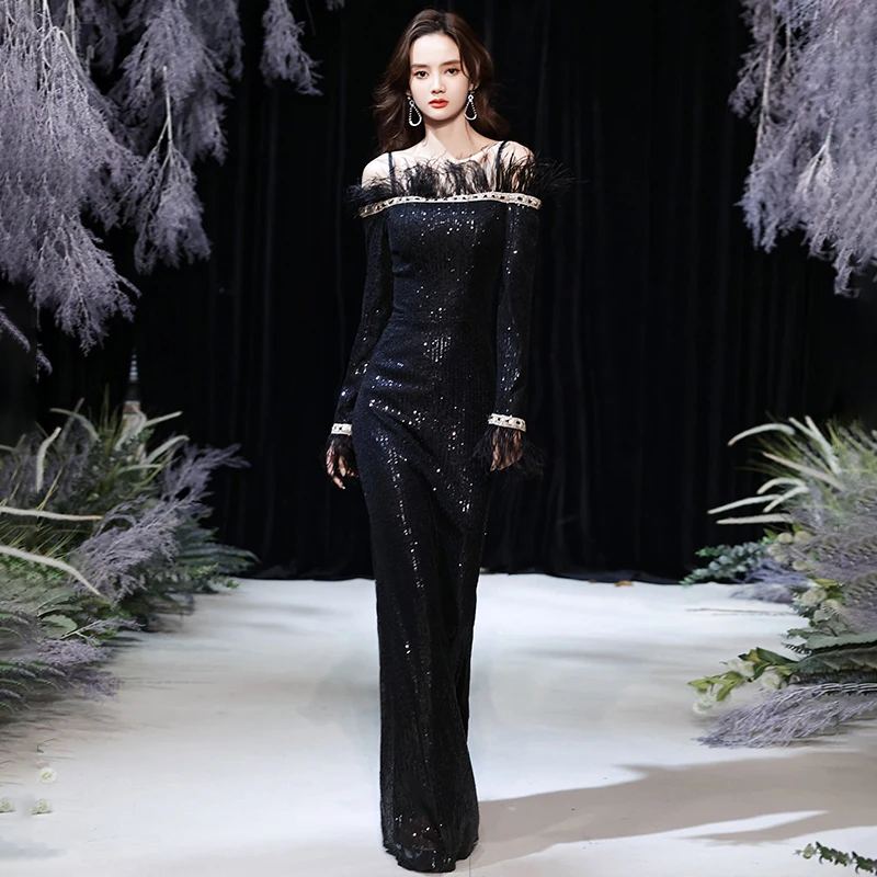 

Spaghetti Strap Evening Dress Elegant Sequins Boat Neck Floor-Length Full Sleeves Mermaid Plus size Women Formal Party Gown C891