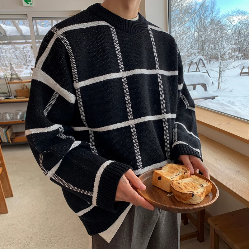 

Полосатый свободный свитер с круглым вырезом, мужской Корейский облегающий термальный вязаный свитер, мужская одежда 2022, клетчатый свитер, ...