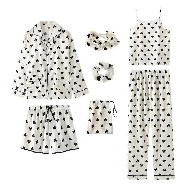 

Spring Autumn New Satin 4PCS Pajama Sets Womens Full Sleeve Shirt&Pant Sleep Suit Summer Strap Shorts Sleepwear Print Homewear