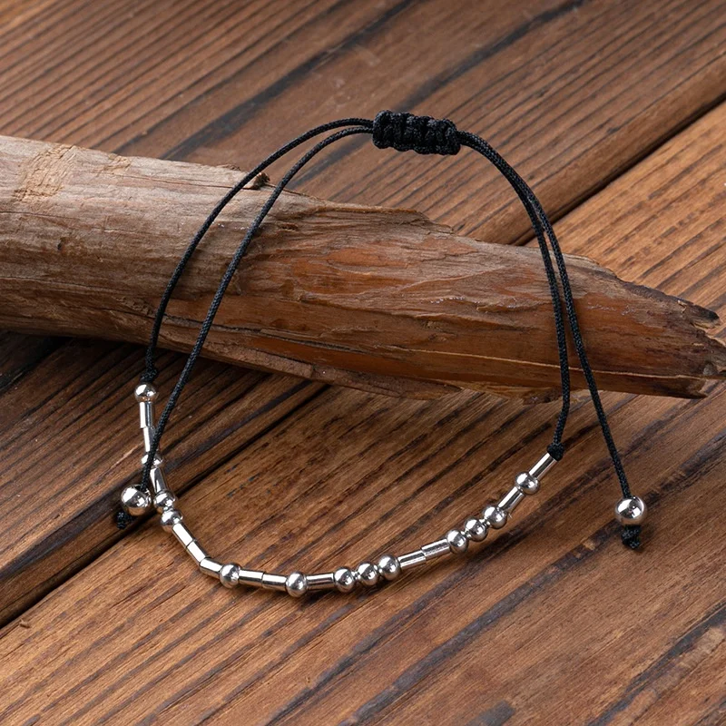 

Women Men Adjustable Morse Code Bracelet Handmade Beige Bead Braided Black Rope Bracelet Couple Jewelry