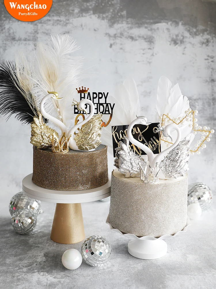 Романтическая золотая Серебряная корона лебедь витиеватый Топпер для торта С