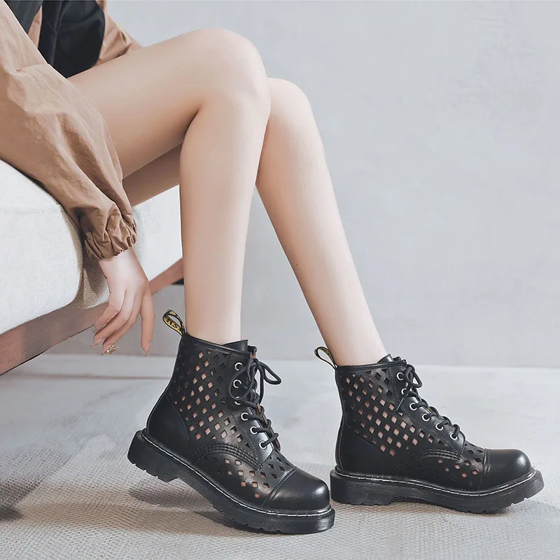 

Boots women fashion leather Martin boots women's summer breathable net boots British style wild hollow hollow thin short boots