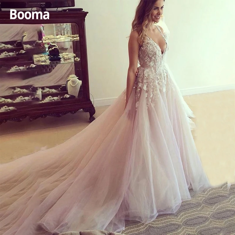 

Booma Lace Appliqued Wedding Dresses 2021 Open Back Sleeveless A line V-neck Princess Boho Bridal Gown with Long Train Plus Size