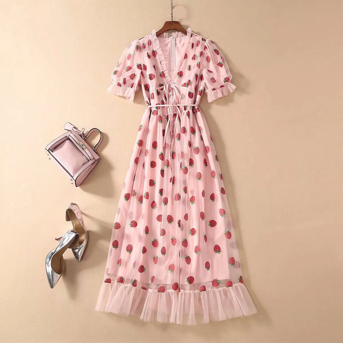 

Sexy V-Neck Belt Strawberry Hot stamping Short Sleeve Party Mid-Length Dress Net Yarn Summer New Women'S Clothing