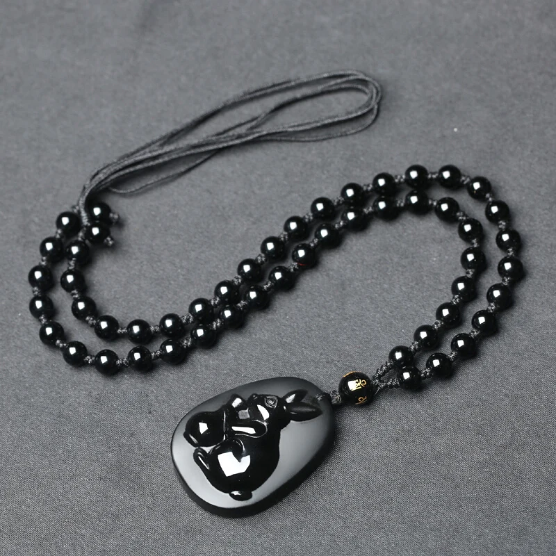 Ожерелье из натурального черного обсидиана с бусинами ручная работа кулон