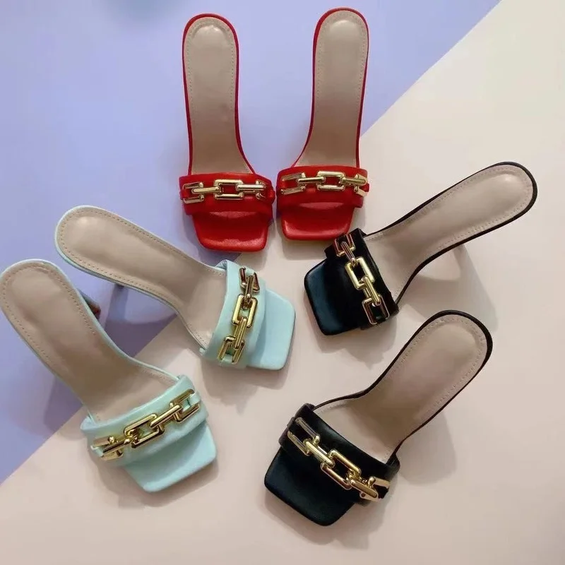 

2021 Summer Elegant Women's Slippers Fashion New Metal Chain Decoration High Heels Mules Slides Pumps Square Toe Ladies Shoes